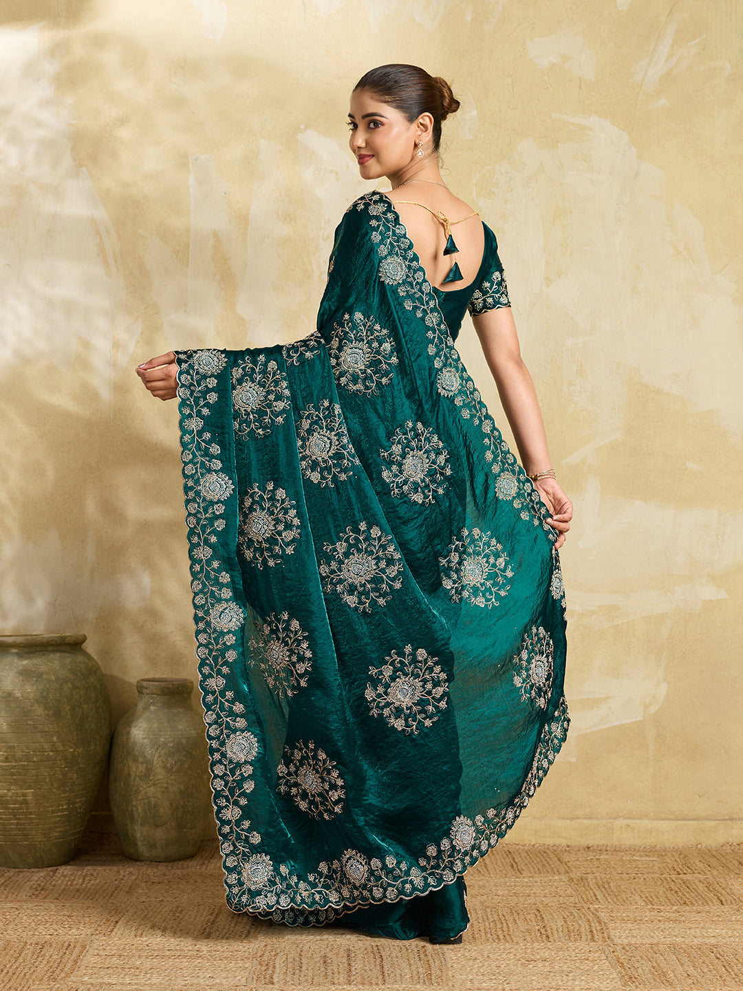 Rama Green Georgette Saree with Gold Zari Floral Embroidery and Scalloped Border