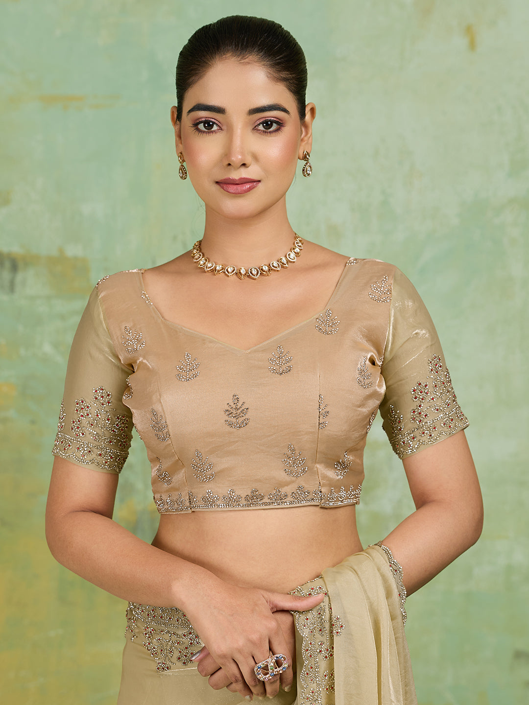Champagne Gold Satin Saree with Stone Embroidered Border