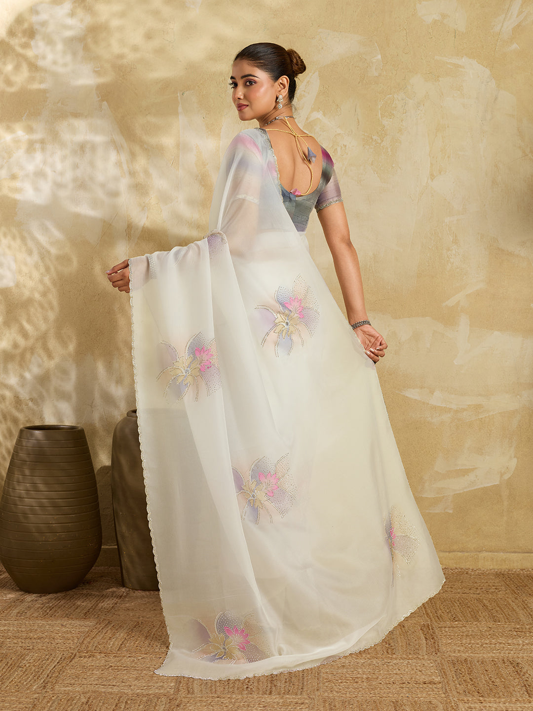Off White Organza Saree with Digital Lotus Print and Stone Embroidery
