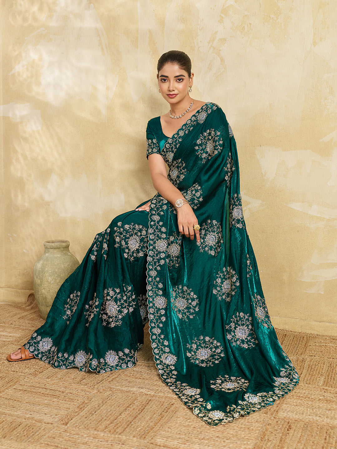 Rama Green Georgette Saree with Gold Zari Floral Embroidery and Scalloped Border