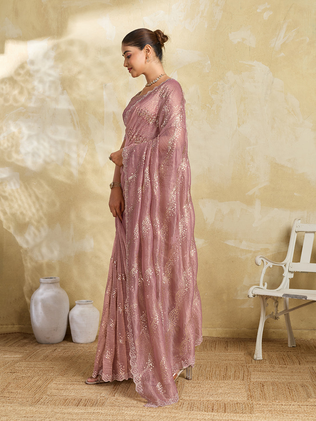 Mauve Pink Shimmer Saree with Diagonal Sequin Stripe Embroidery