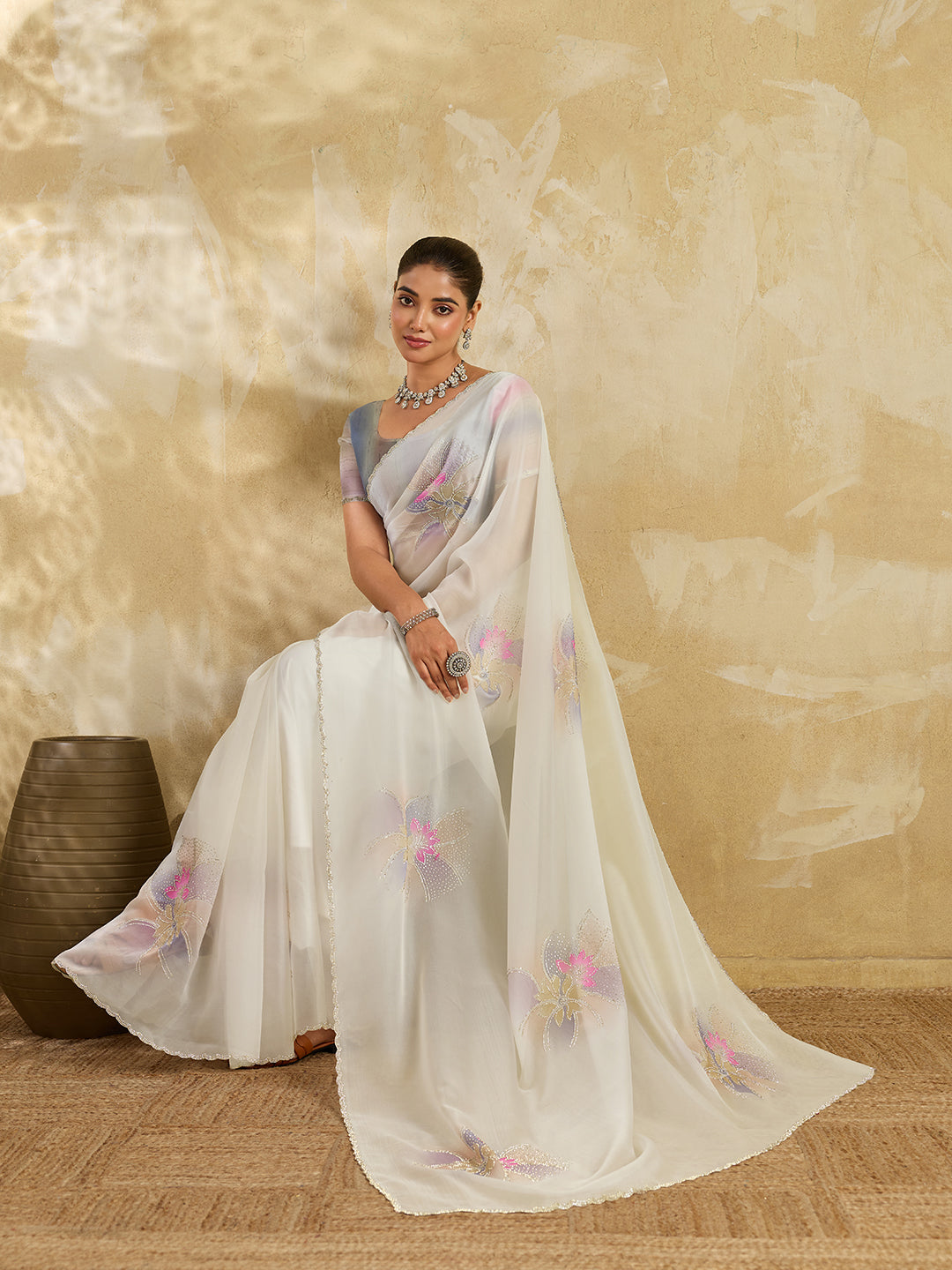 Off White Organza Saree with Digital Lotus Print and Stone Embroidery