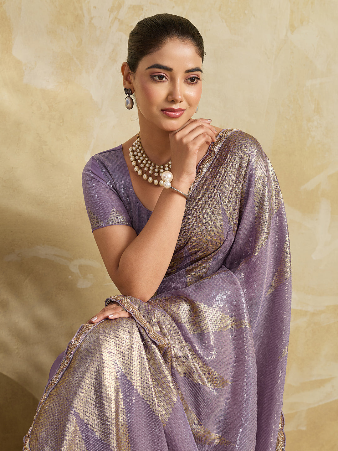 Lavender Shimmer Saree with Geometric Gold Sequin Pattern