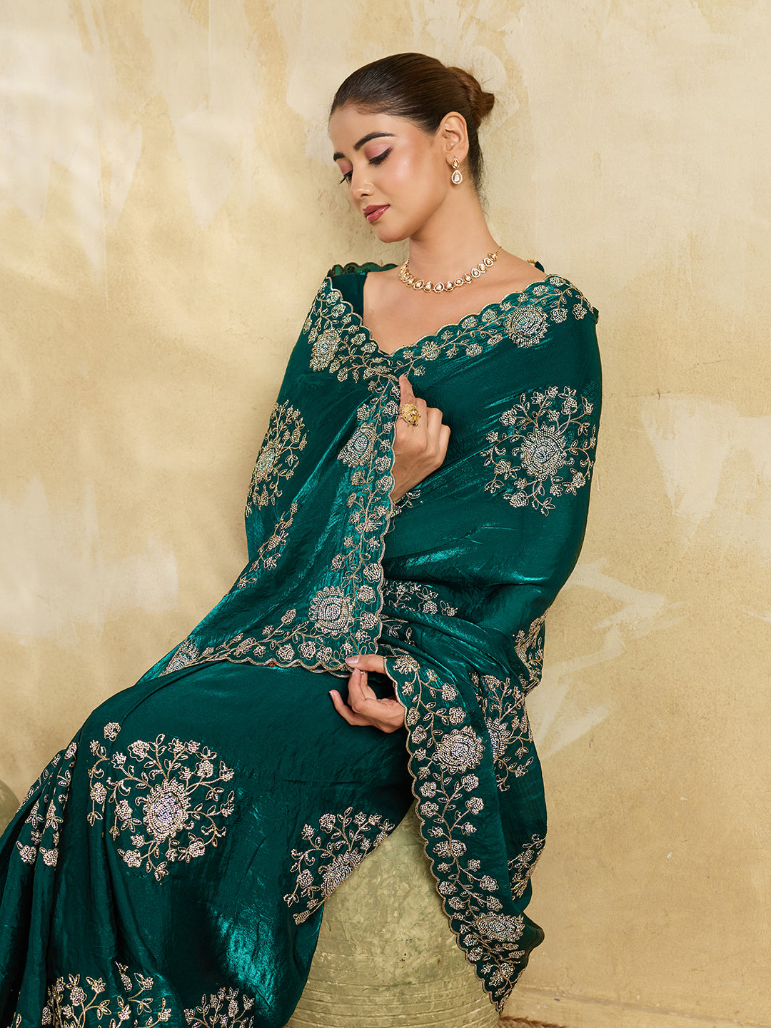 Rama Green Georgette Saree with Gold Zari Floral Embroidery and Scalloped Border
