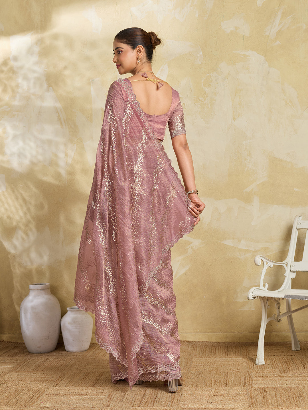 Mauve Pink Shimmer Saree with Diagonal Sequin Stripe Embroidery