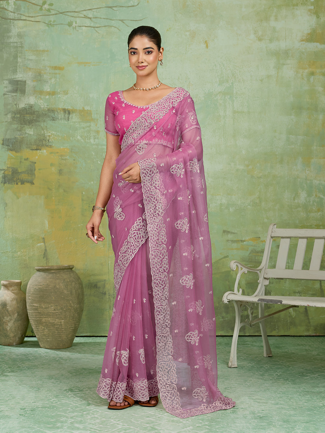 Pink Net Saree with Silver Floral Paisley Embroidery