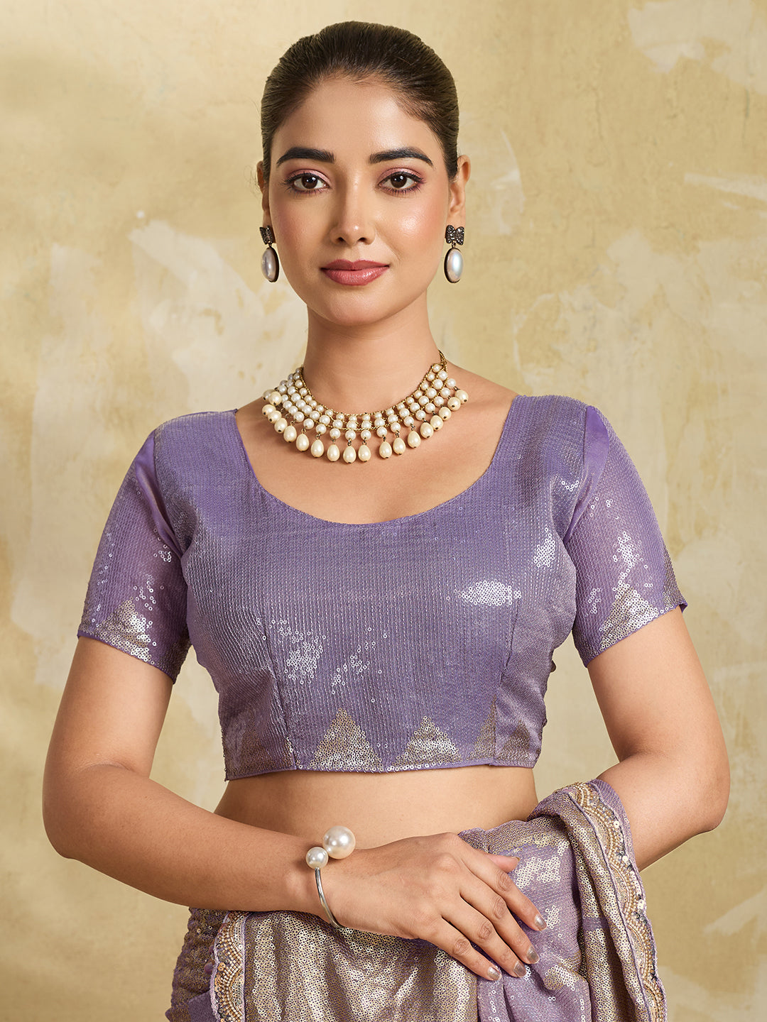 Lavender Shimmer Saree with Geometric Gold Sequin Pattern