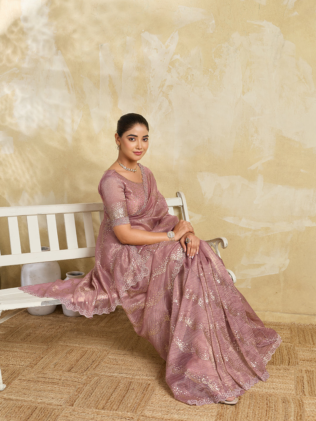 Mauve Pink Shimmer Saree with Diagonal Sequin Stripe Embroidery