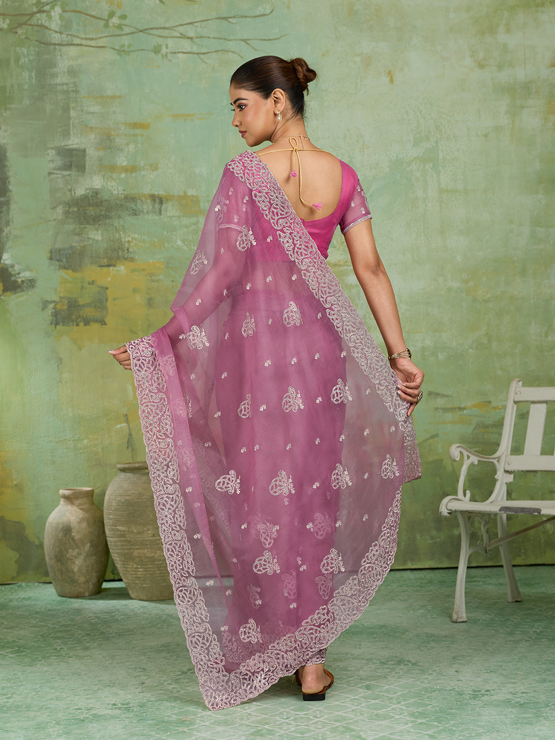 Pink Net Saree with Silver Floral Paisley Embroidery
