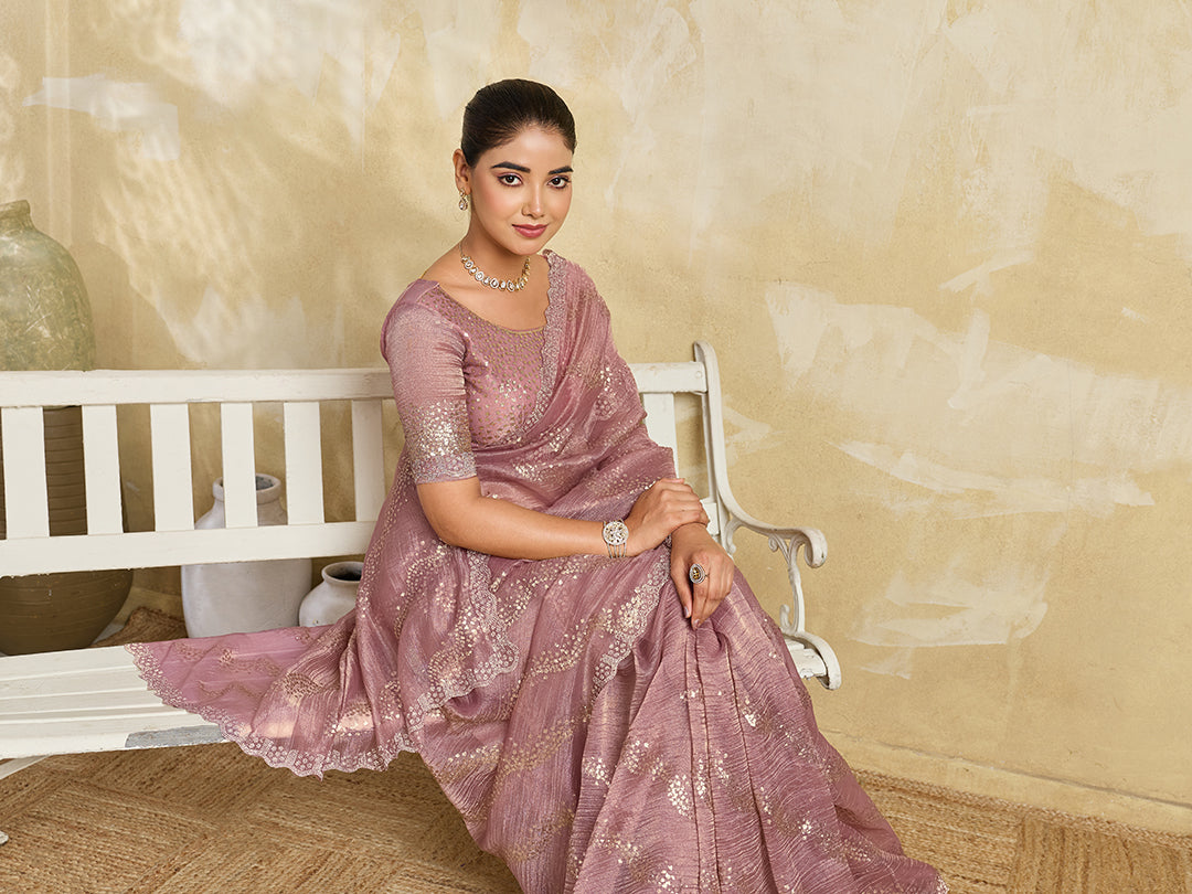 Mauve Pink Shimmer Saree with Diagonal Sequin Stripe Embroidery