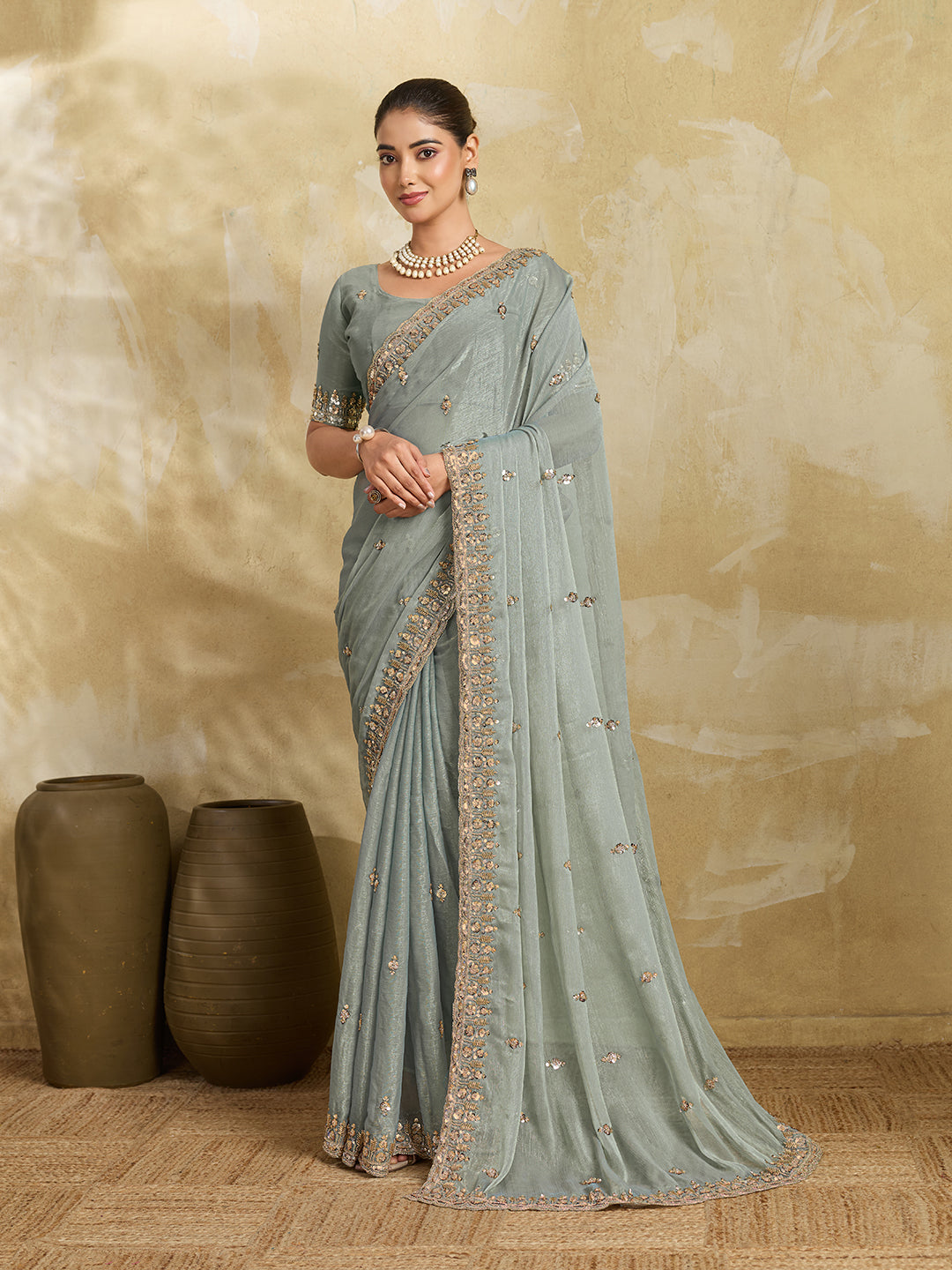 Teal Grey Shimmer Saree with Sequin Scatter Work and Stone Embroidered Border