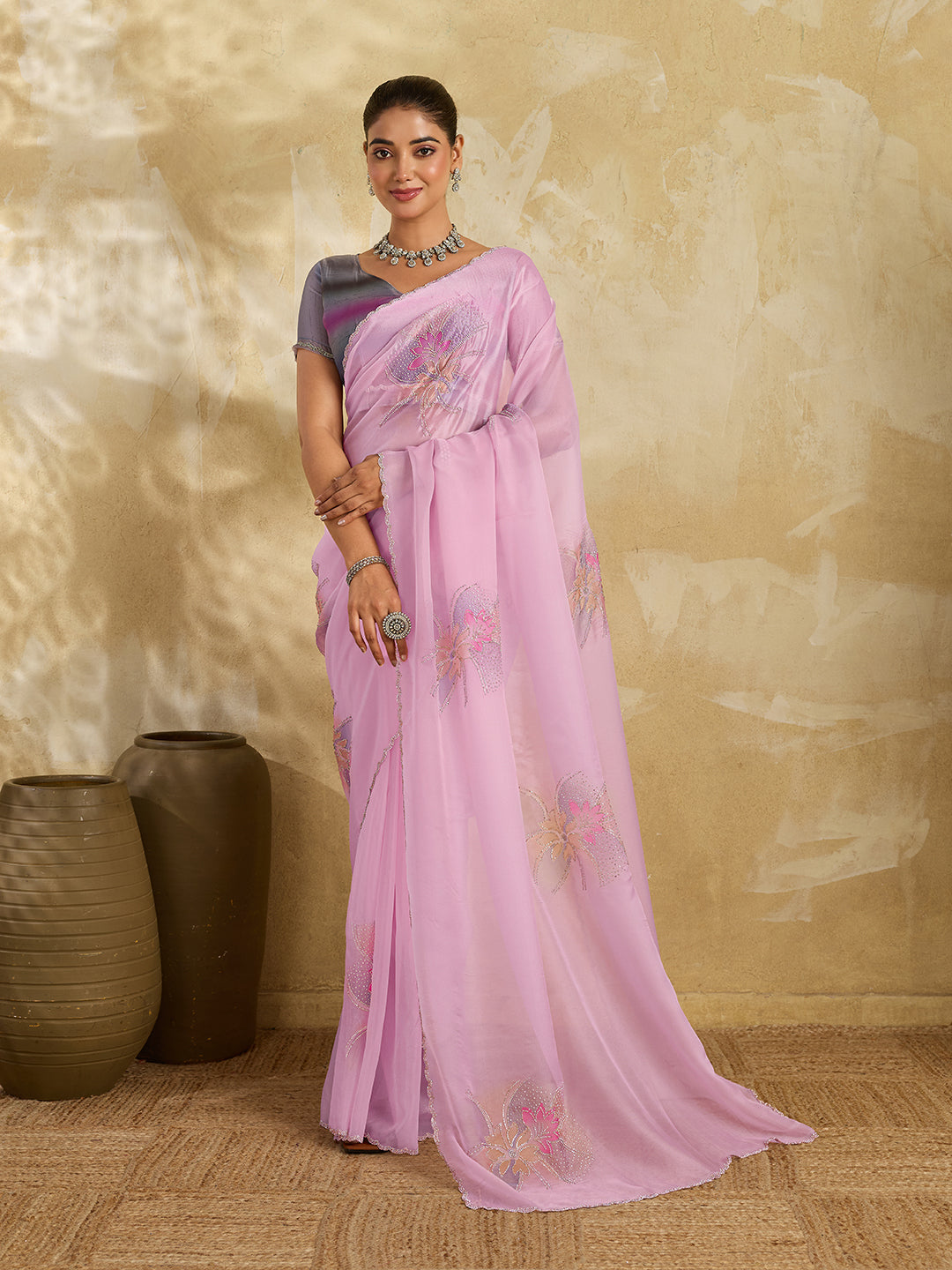 Pink Organza Saree with Digital Lotus Print and Stone Embroidery