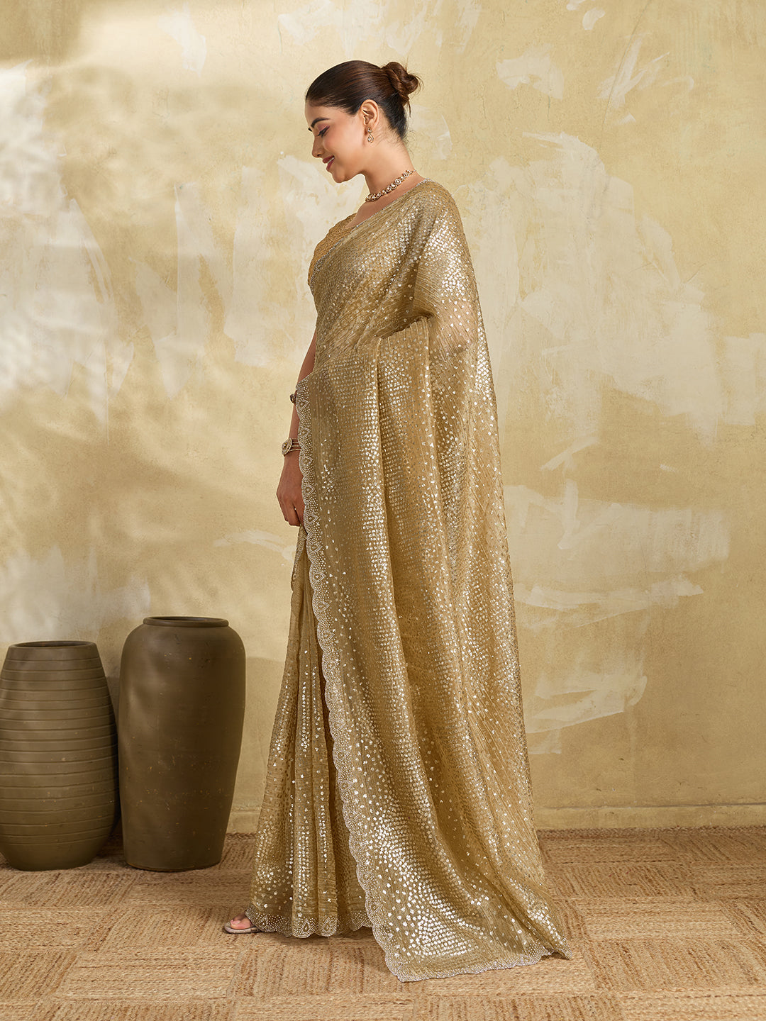 Gold Net Saree with Allover Sequin Mirror Embroidery