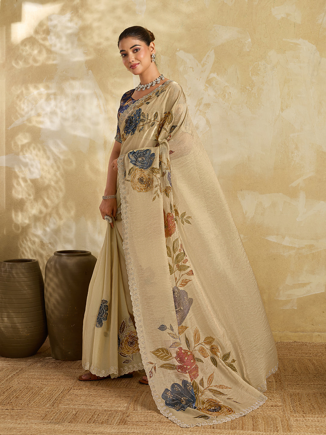 Beige Organza Saree with Digital Floral Print and Contrast Blouse