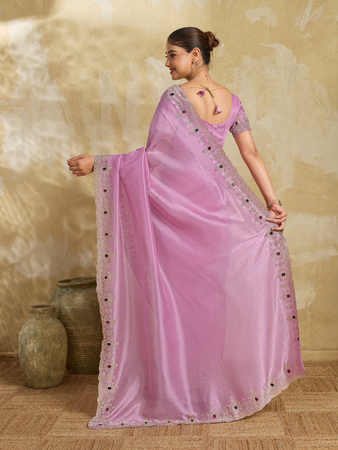 Lavender Pink Satin Saree with Multicolor Stone Embroidered Border