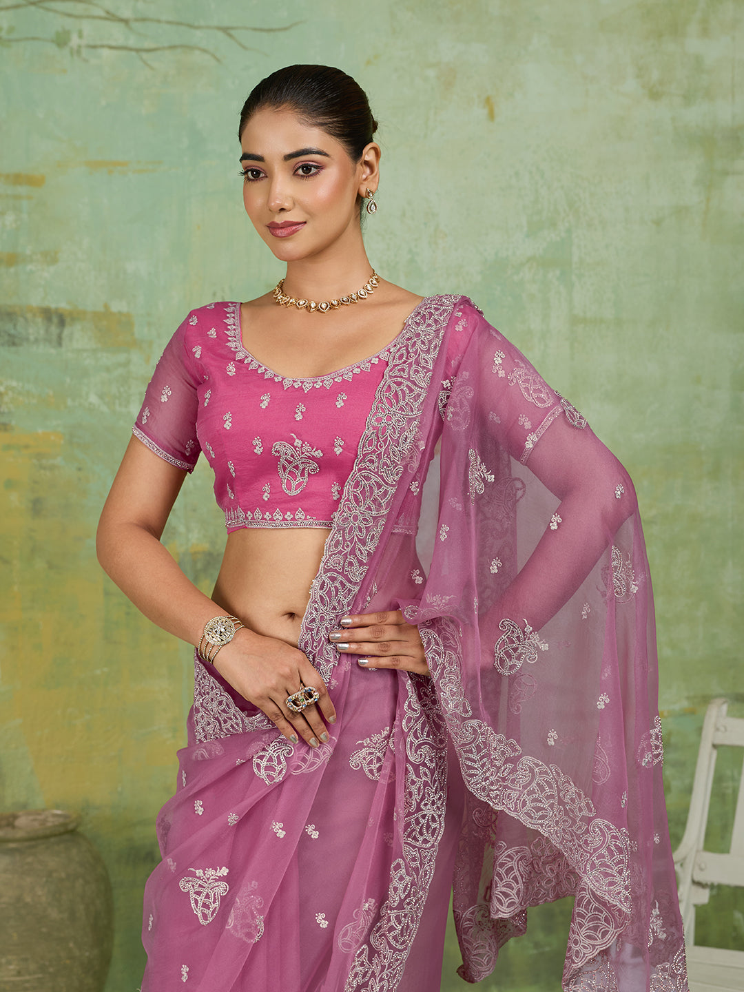 Pink Net Saree with Silver Floral Paisley Embroidery