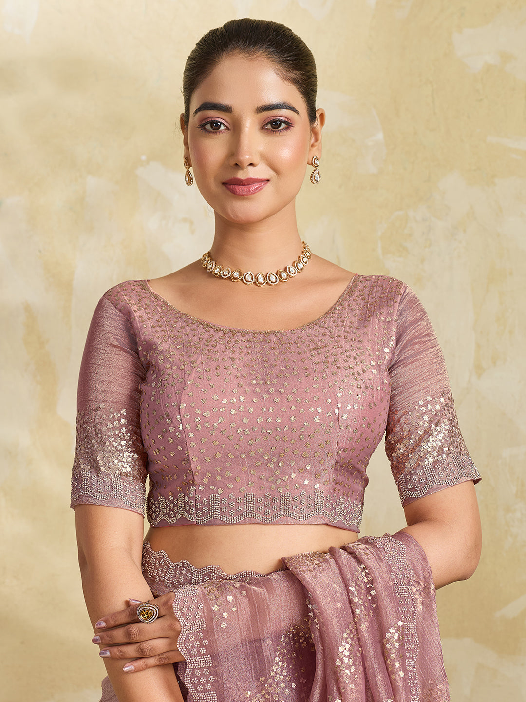Mauve Pink Shimmer Saree with Diagonal Sequin Stripe Embroidery