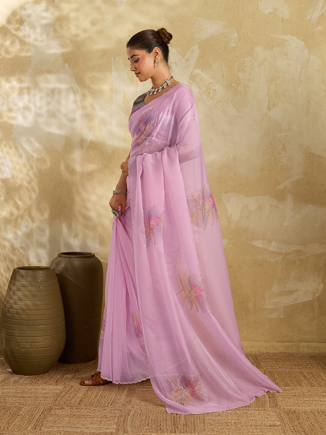Pink Organza Saree with Digital Lotus Print and Stone Embroidery