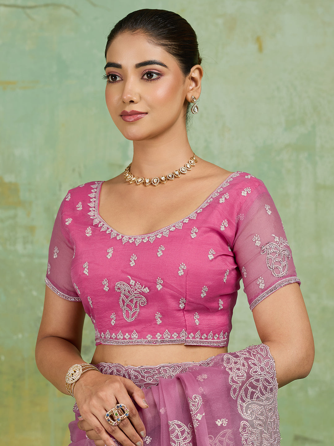 Pink Net Saree with Silver Floral Paisley Embroidery