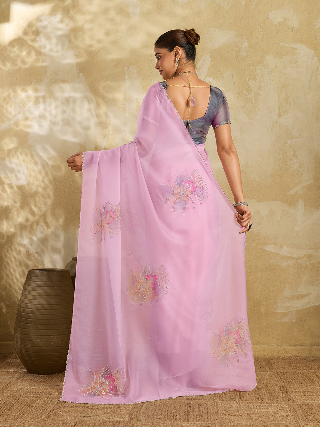 Pink Organza Saree with Digital Lotus Print and Stone Embroidery