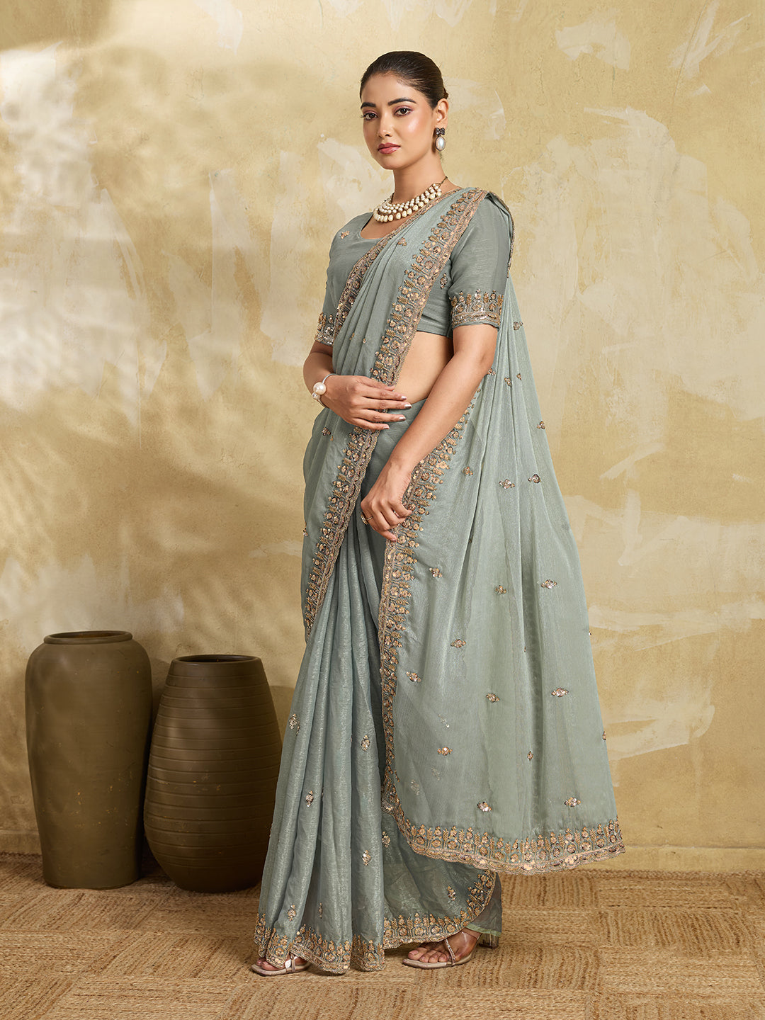 Teal Grey Shimmer Saree with Sequin Scatter Work and Stone Embroidered Border