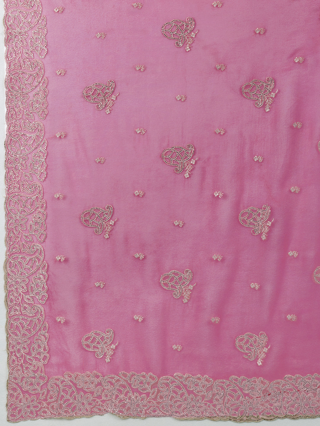 Pink Net Saree with Silver Floral Paisley Embroidery