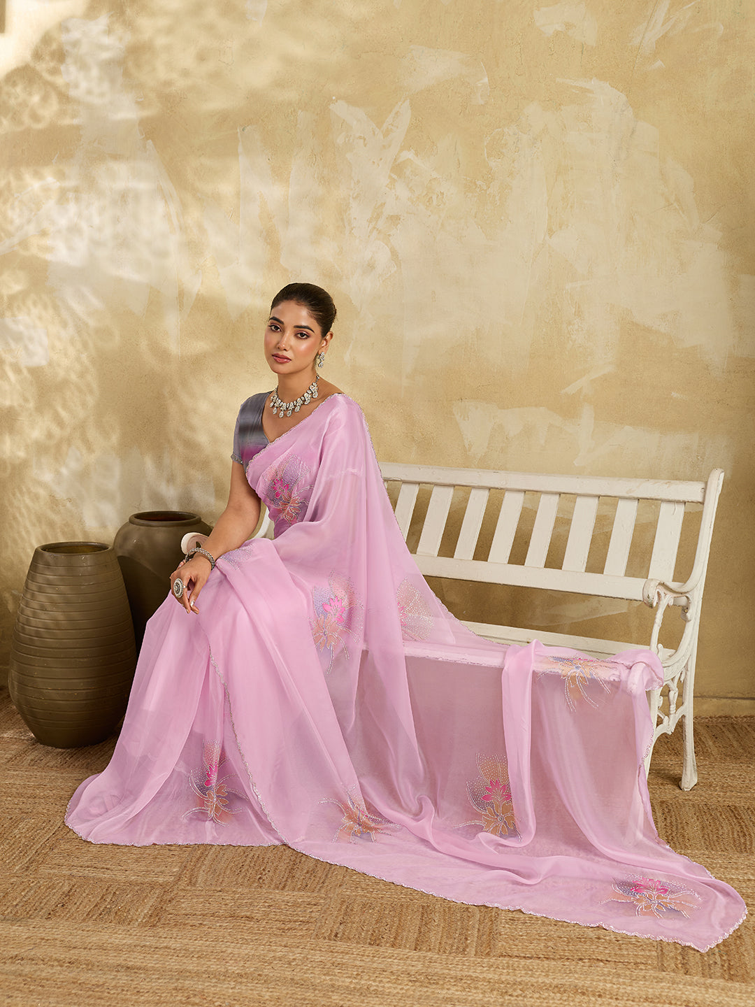 Pink Organza Saree with Digital Lotus Print and Stone Embroidery