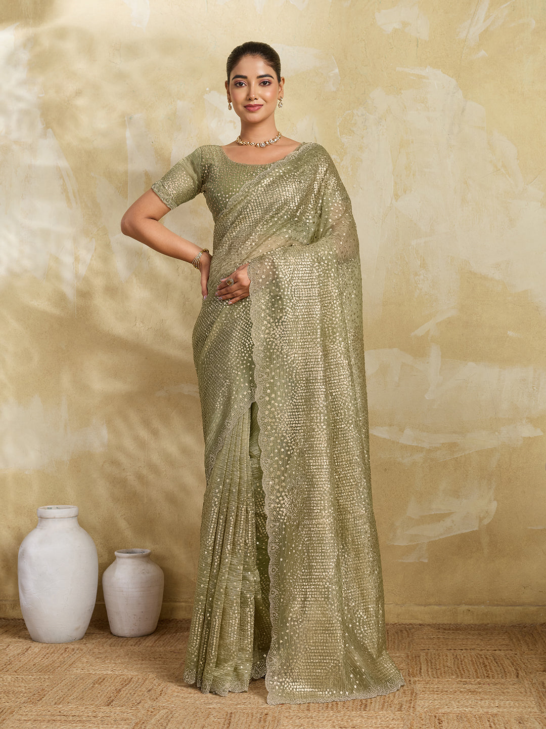 Pista Green Net Saree with Allover Sequin Mirror Embroidery
