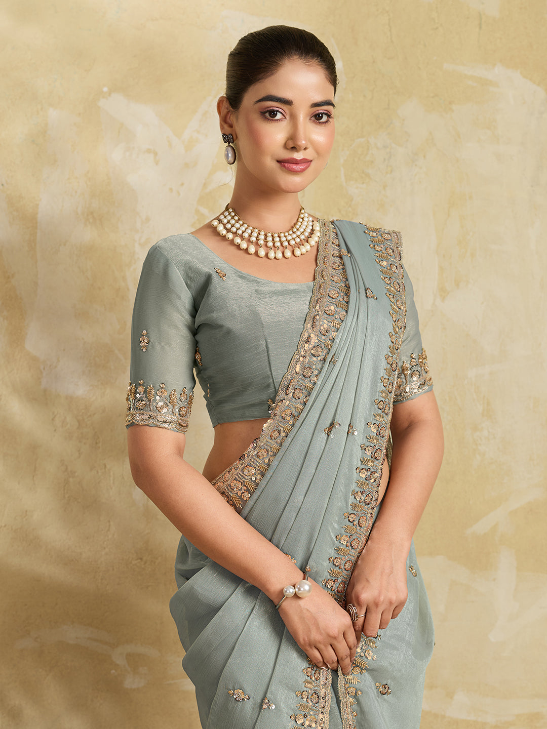 Teal Grey Shimmer Saree with Sequin Scatter Work and Stone Embroidered Border