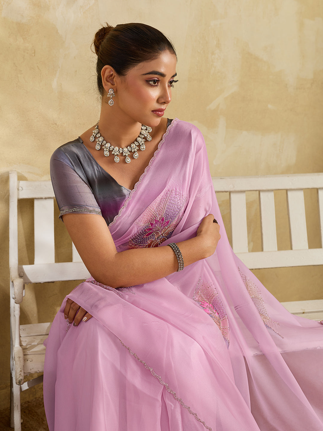 Pink Organza Saree with Digital Lotus Print and Stone Embroidery
