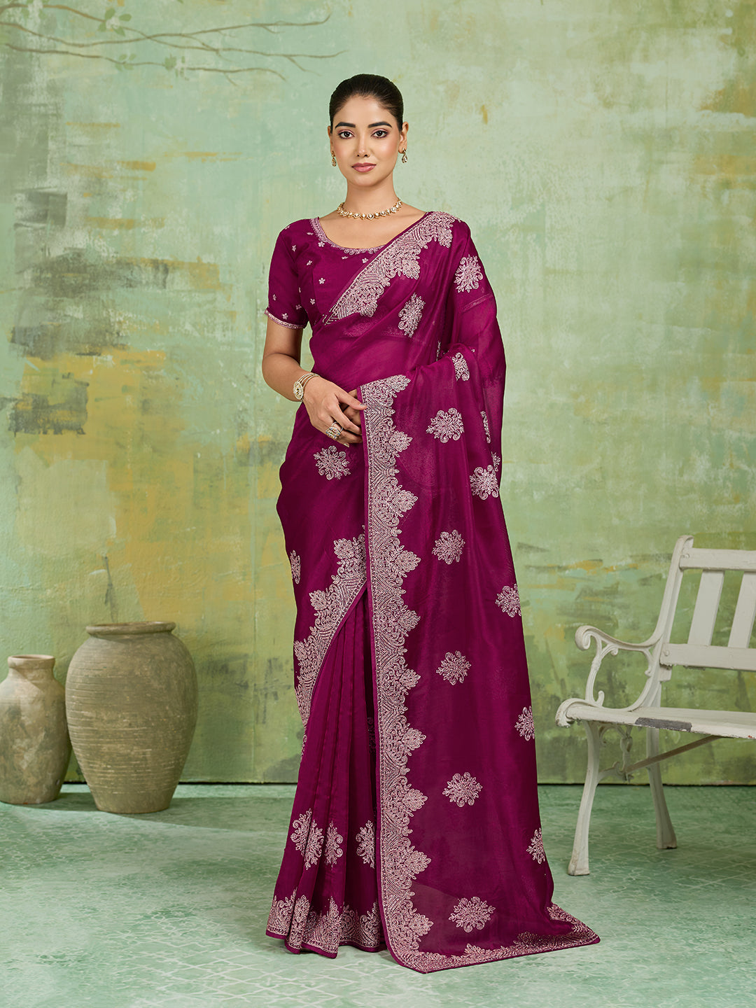 Wine Net Saree with Silver Floral Medallion Embroidery