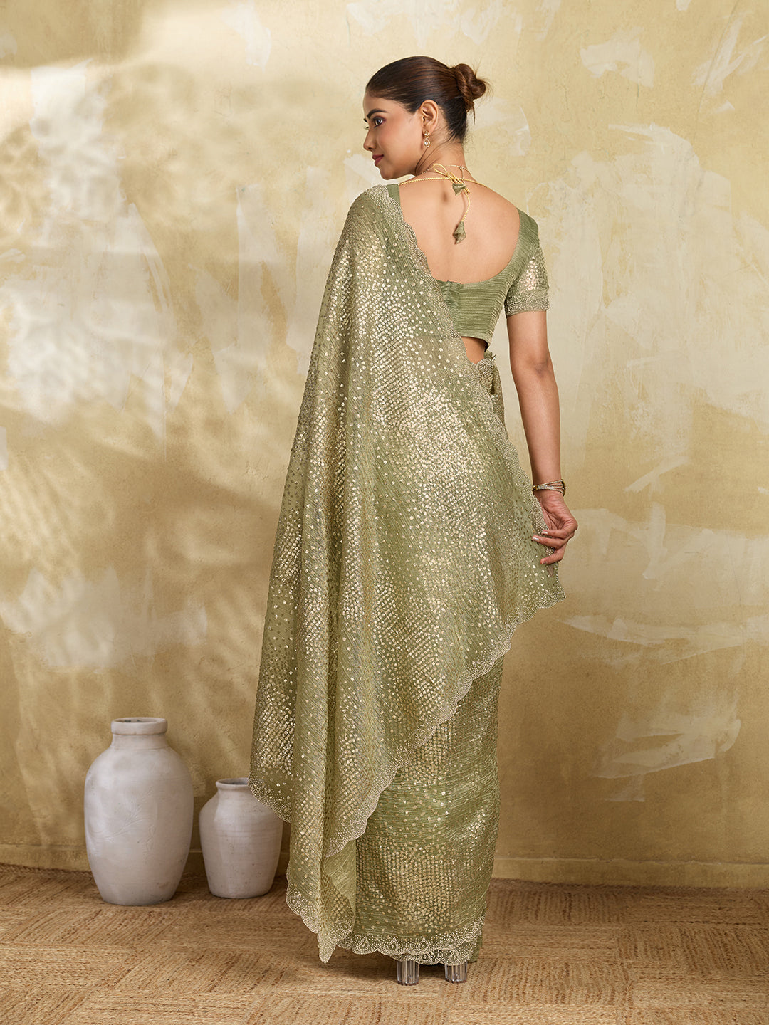 Pista Green Net Saree with Allover Sequin Mirror Embroidery
