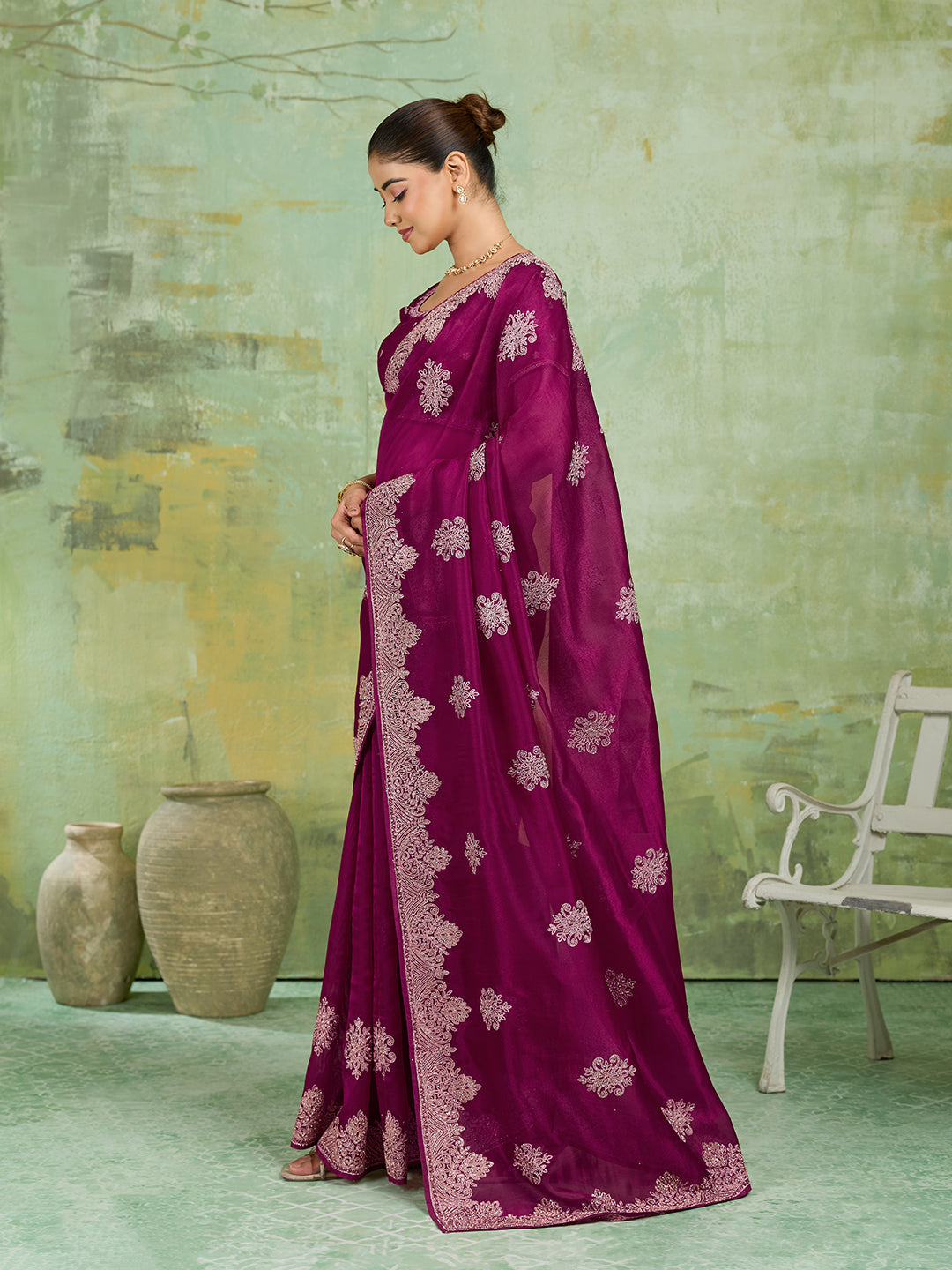 Wine Net Saree with Silver Floral Medallion Embroidery
