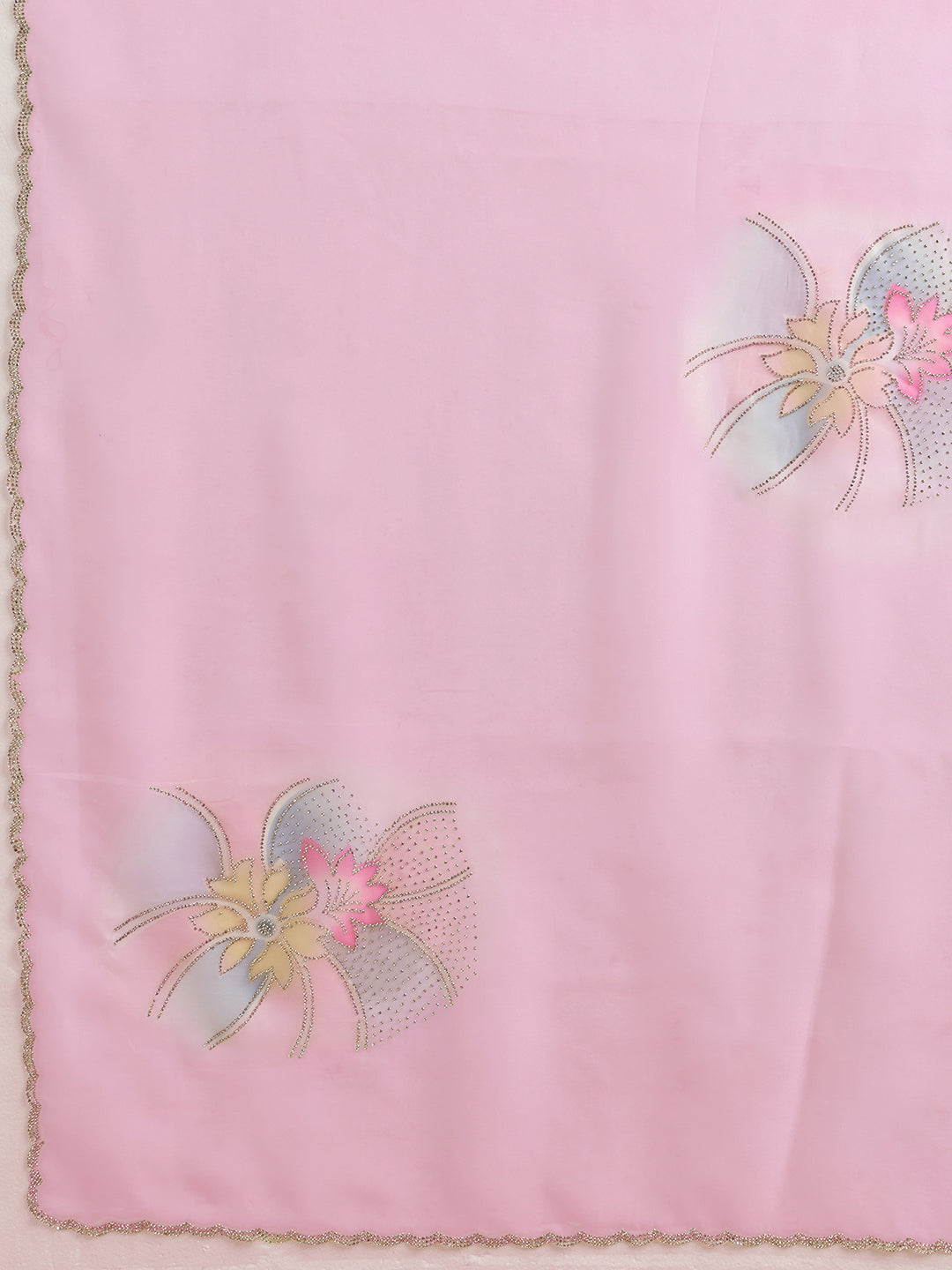 Pink Organza Saree with Digital Lotus Print and Stone Embroidery