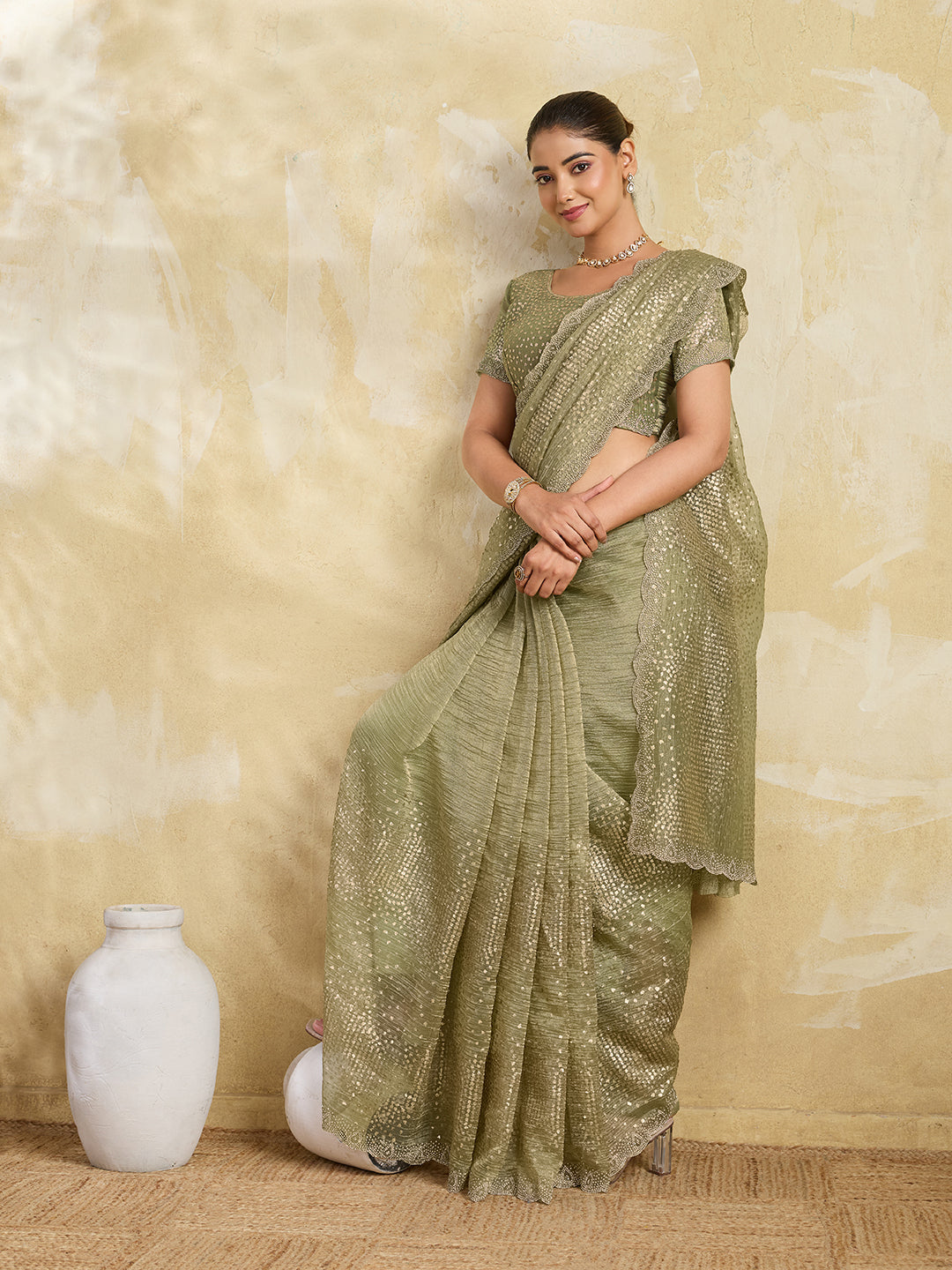 Pista Green Net Saree with Allover Sequin Mirror Embroidery
