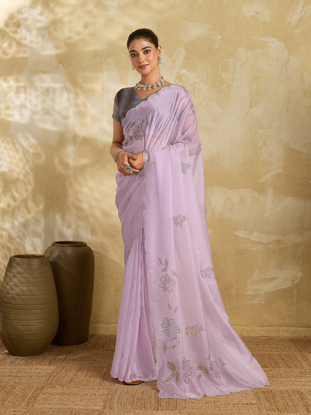 Lilac Organza Saree with Floral Print with Stone Work