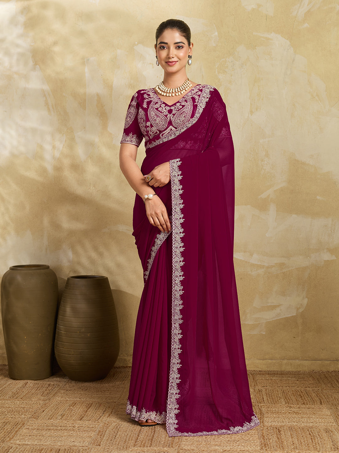 Wine Purple Georgette Saree with Silver Zari Floral Embroidery and Matching Blouse