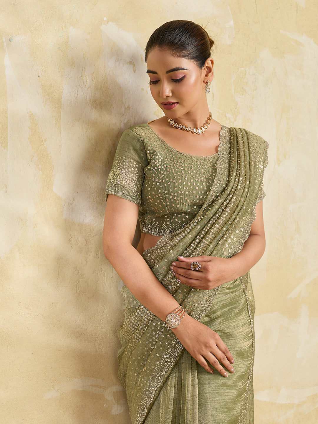 Pista Green Net Saree with Allover Sequin Mirror Embroidery