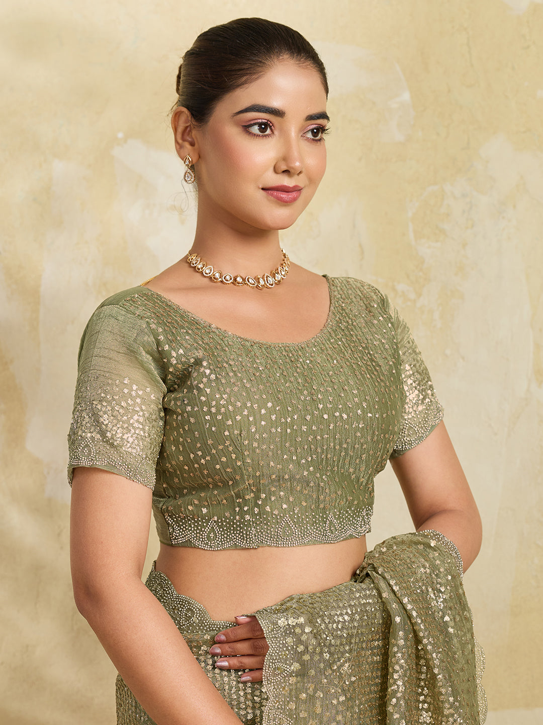 Pista Green Net Saree with Allover Sequin Mirror Embroidery