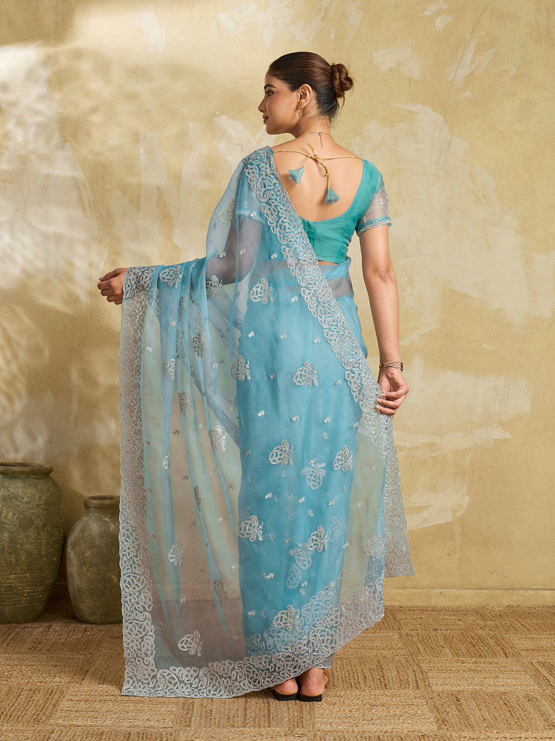 Sky Blue Net Saree with Silver Floral Paisley Embroidery