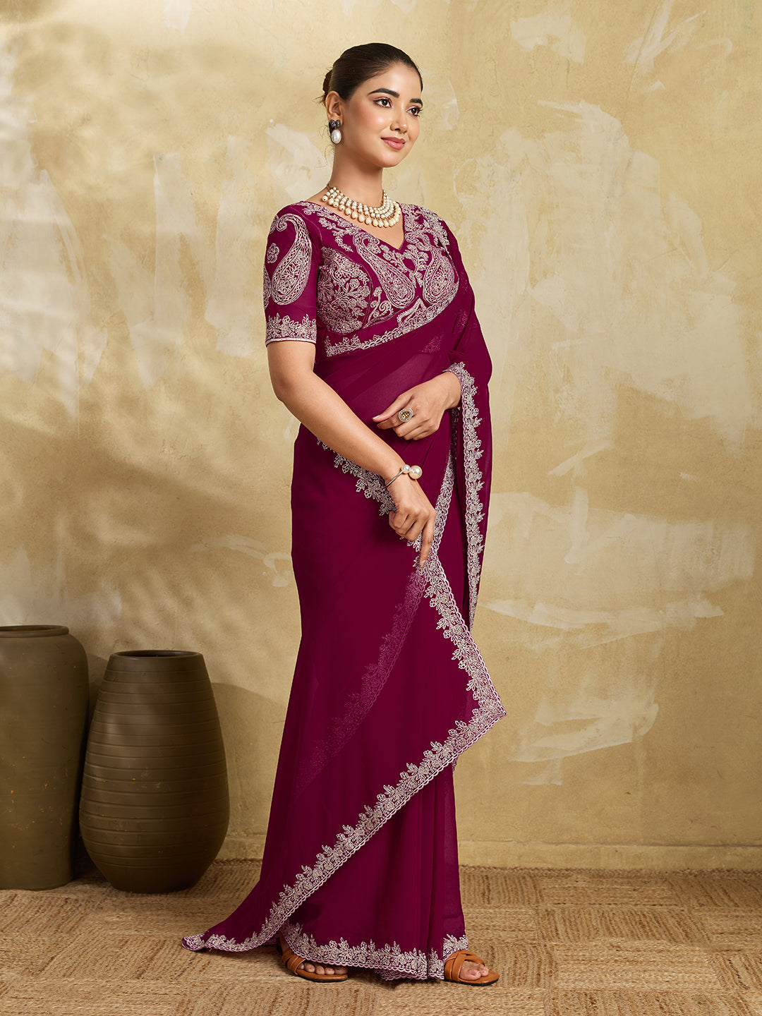 Wine Purple Georgette Saree with Silver Zari Floral Embroidery and Matching Blouse