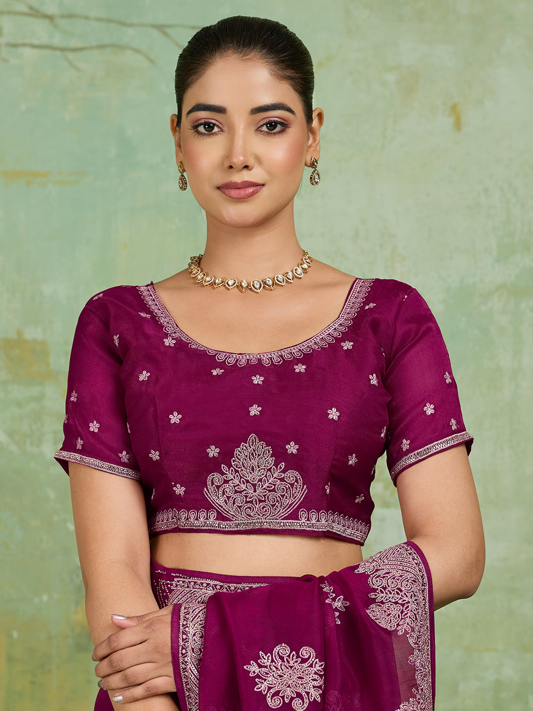 Wine Net Saree with Silver Floral Medallion Embroidery