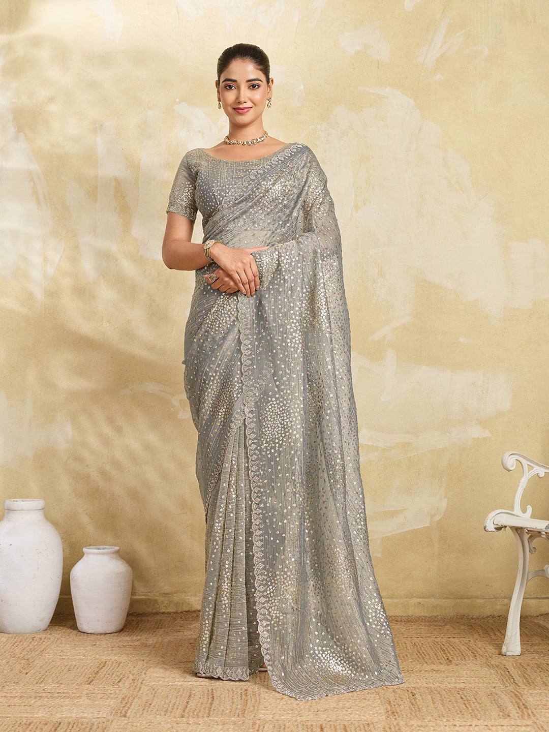 Grey Net Saree with Gold Sequin Geometric Embroidery
