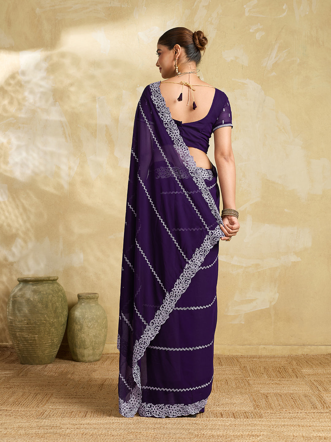 Deep Purple Chiffon Saree with Silver Zigzag Pleat Embroidery