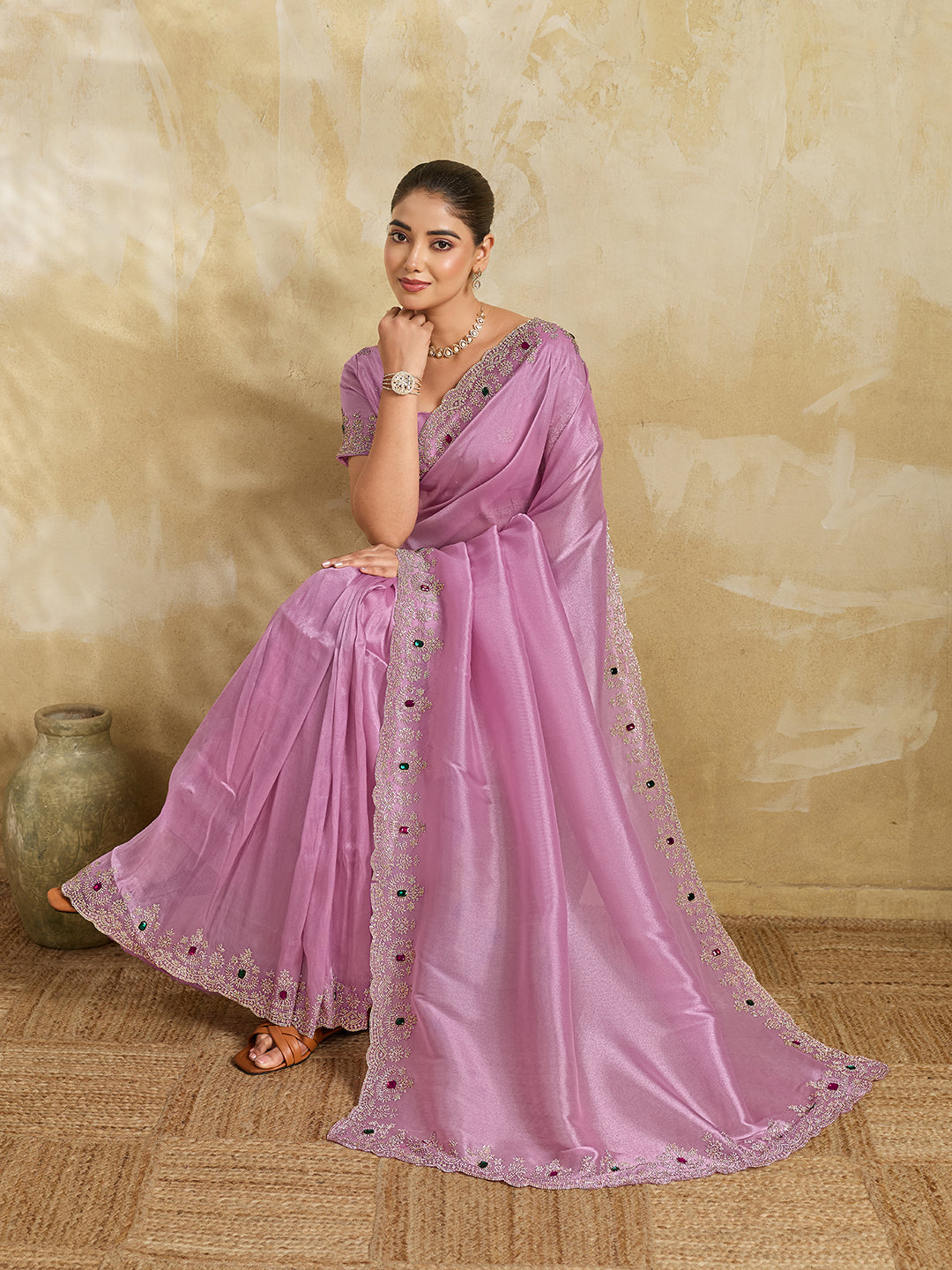 Lavender Pink Satin Saree with Multicolor Stone Embroidered Border
