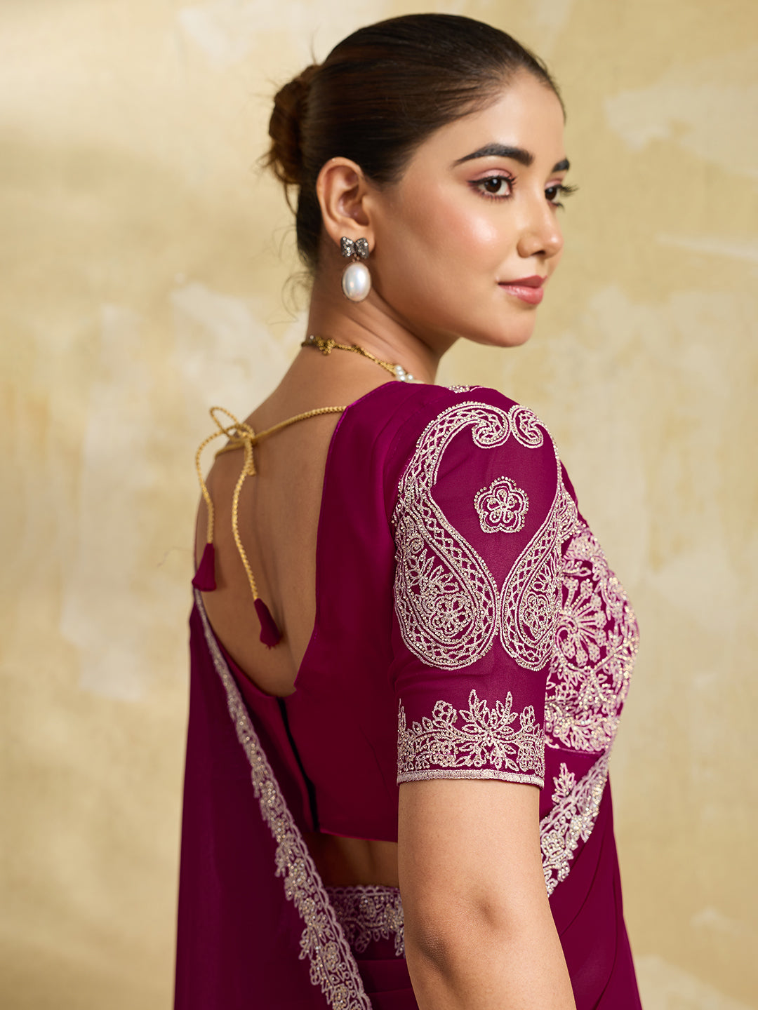 Wine Purple Georgette Saree with Silver Zari Floral Embroidery and Matching Blouse