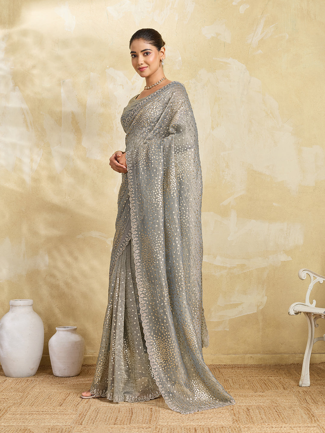 Grey Net Saree with Gold Sequin Geometric Embroidery