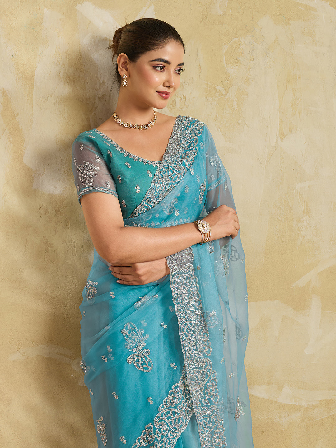 Sky Blue Net Saree with Silver Floral Paisley Embroidery