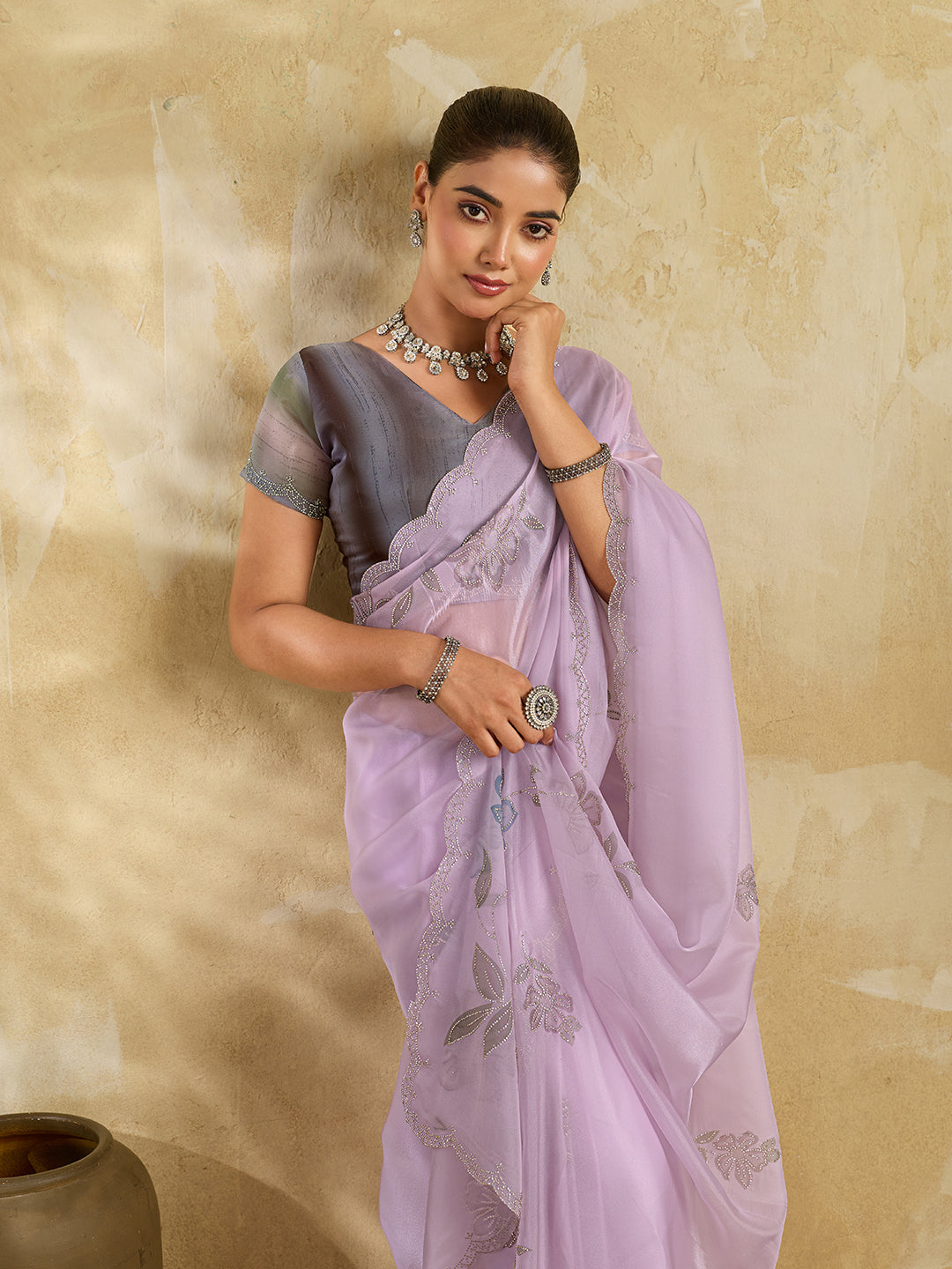 Lilac Organza Saree with Floral Print with Stone Work