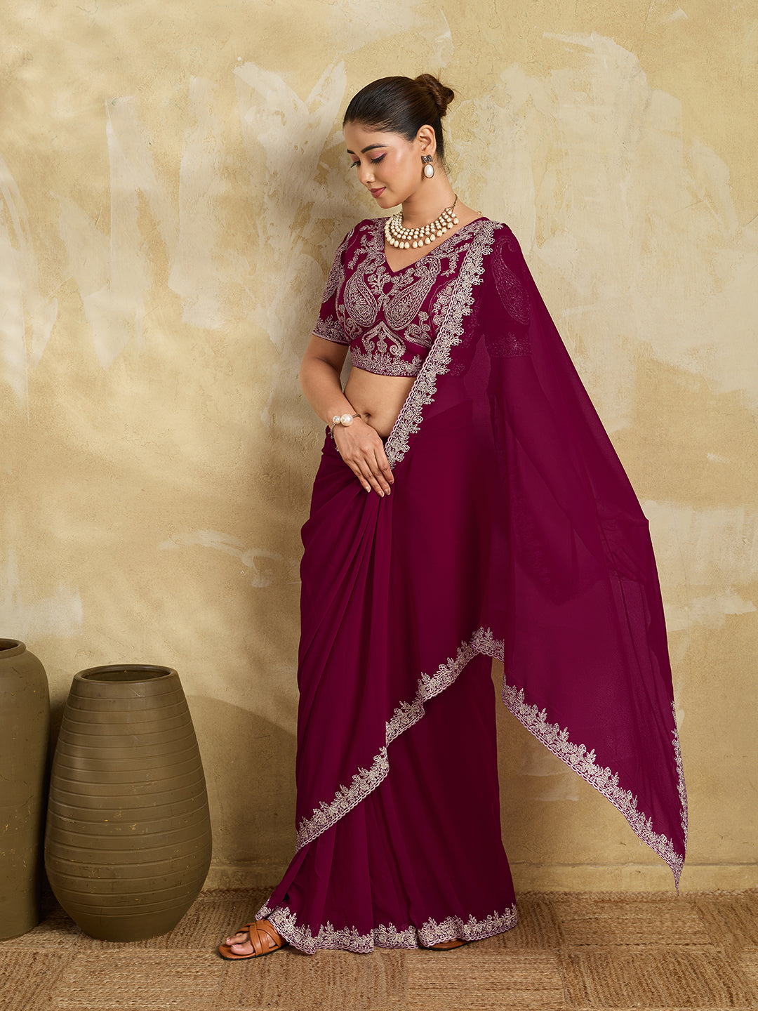 Wine Purple Georgette Saree with Silver Zari Floral Embroidery and Matching Blouse